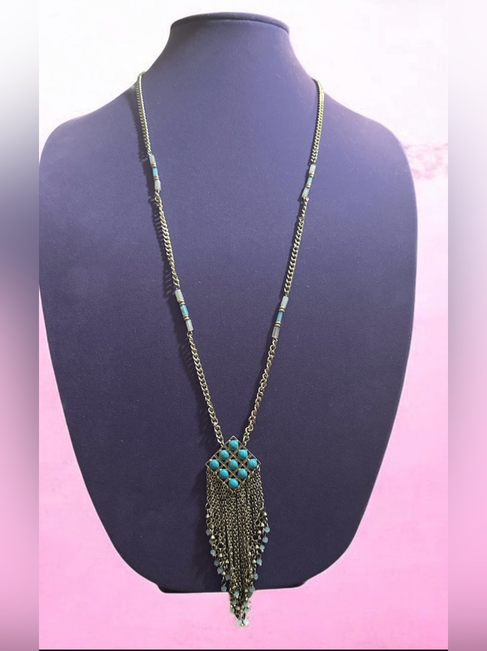 Turquoise Beaded Tassel Pendant Necklace - Women Jewelry
890
